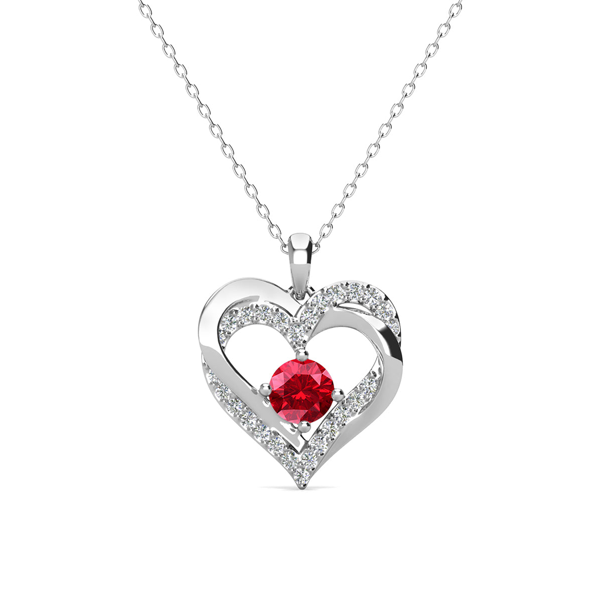 Forever July Birthstone 18k White Gold Plated Silver Double Heart Diamond Necklace with Swarovski Crystals