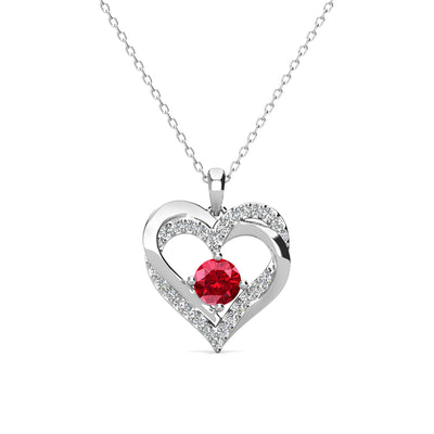 Collar de rubíes con piedra natal de Forever July, collar de cristal de doble corazón de plata chapada en oro blanco de 18 k