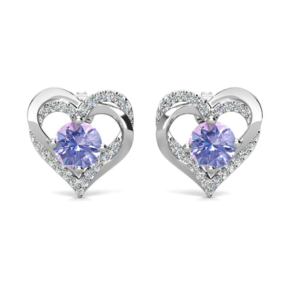 Pendientes de alejandrita con piedra natal de Forever June, pendientes de cristal de doble corazón de plata bañados en oro blanco de 18 k