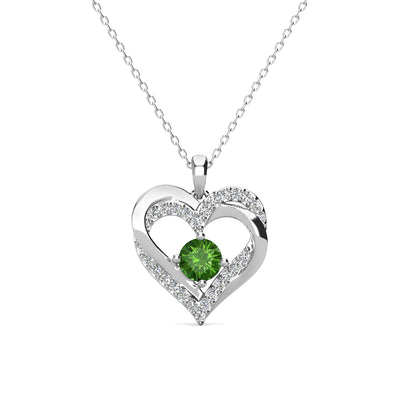 Collar de peridoto con piedra natal de Forever August, collar de cristal de doble corazón de plata chapada en oro blanco de 18 k