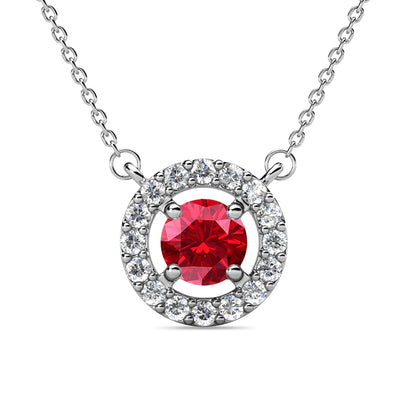Collar de rubíes con piedra natal de julio real, collar de halo de plata chapado en oro blanco de 18 k con cristal de talla redonda
