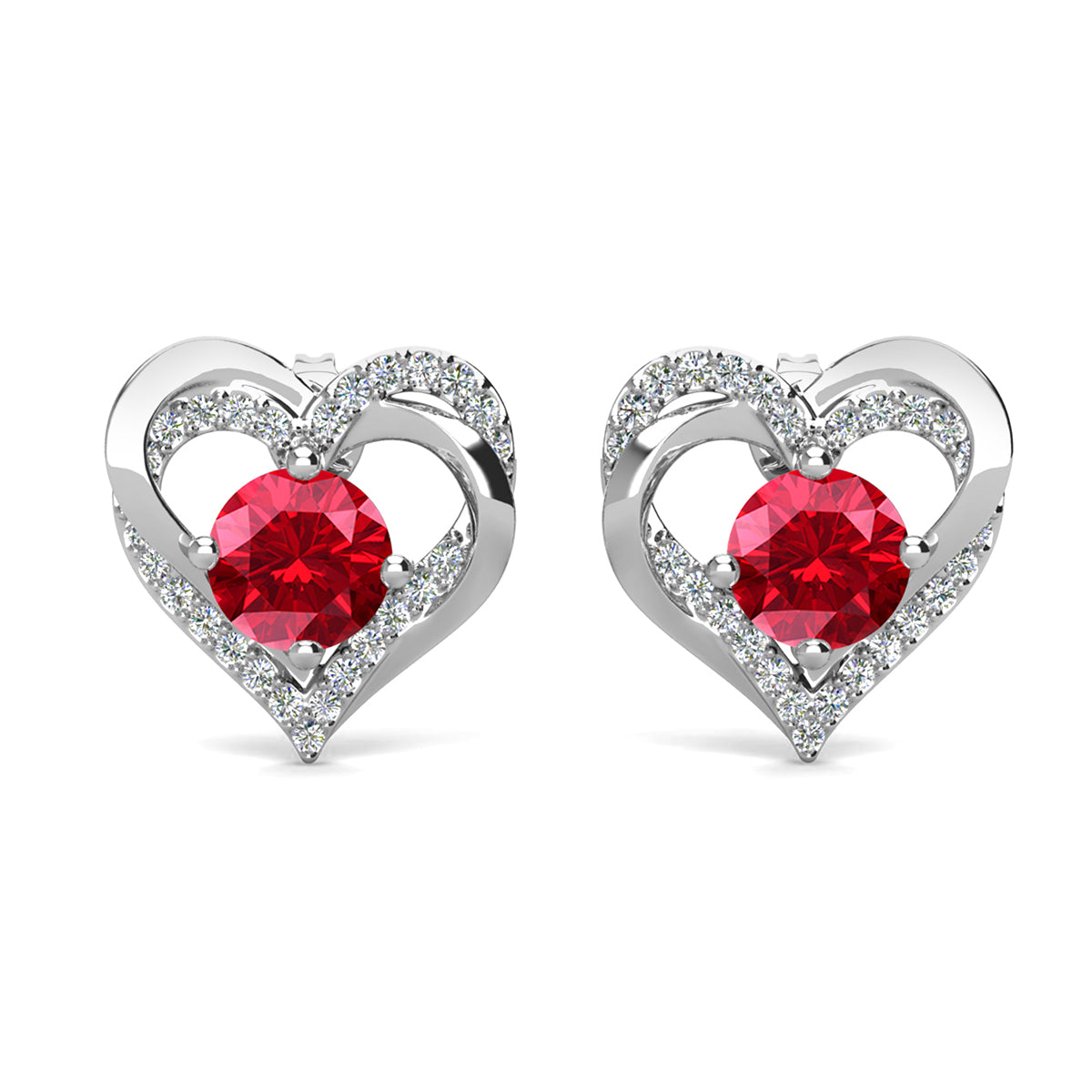 Forever Birthstone 18k White Gold Plated Silver Double Heart Earrings with Swarovski Crystals