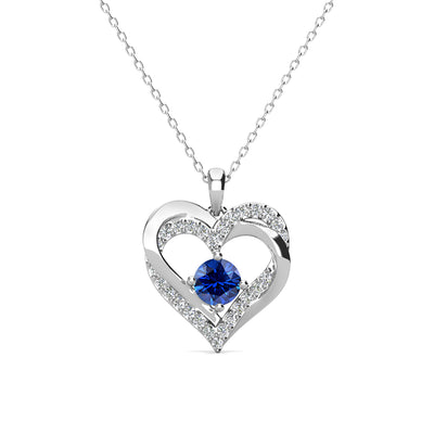 Collar de zafiro con piedra natal de septiembre para siempre, collar de cristal de doble corazón de plata chapada en oro blanco de 18 k