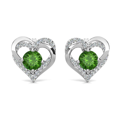Pendientes de peridoto con piedra natal de Forever August, pendientes de cristal de doble corazón de plata chapada en oro blanco de 18 k