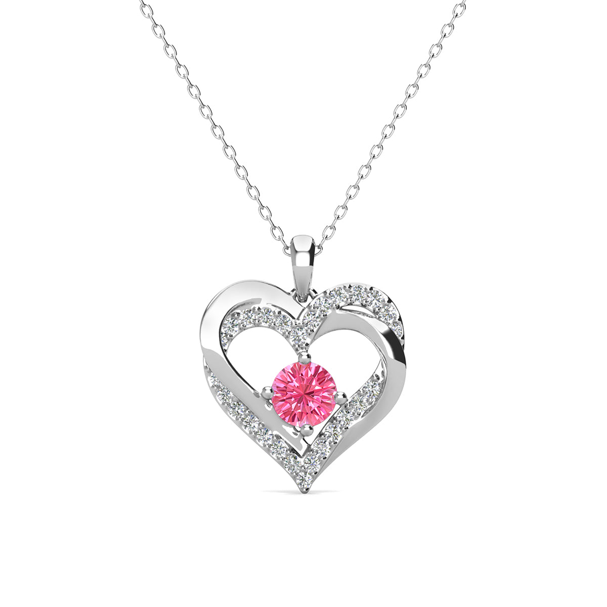 Forever October Birthstone 18k White Gold Plated Silver Double Heart Diamond Necklace with Swarovski Crystals