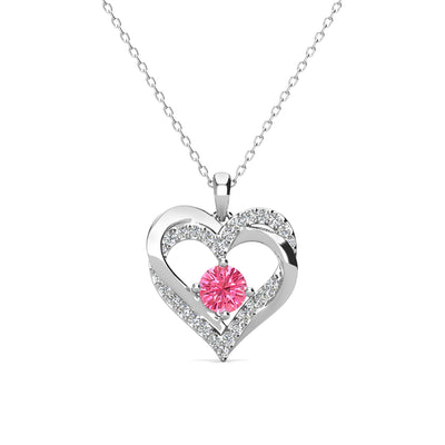 Collar de turmalina rosa con piedra natal de Forever October, collar de cristal de doble corazón de plata bañado en oro blanco de 18 k