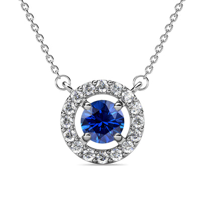 Collar de zafiro con piedra natal de septiembre real, collar de halo de plata chapado en oro blanco de 18 k con cristal de talla redonda