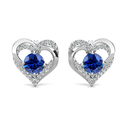 Pendientes de zafiro con piedra natal de Forever Septiembre, pendientes de cristal de doble corazón de plata chapada en oro blanco de 18 k