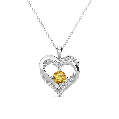 Collar de citrino con piedra natal de Forever November, collar de cristal de doble corazón de plata chapada en oro blanco de 18 k