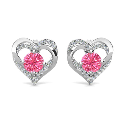 Pendientes de turmalina rosa con piedra natal de Forever October, pendientes de cristal de doble corazón de plata bañados en oro blanco de 18 k