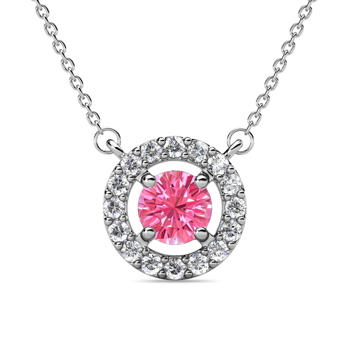 Royal 18k White Gold Plated October Birthstone Halo Necklace with Round Cut Pink Tourmaline Swarovski Crystals