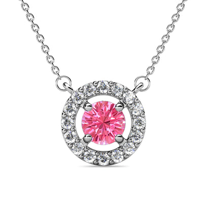 Collar de turmalina rosa con piedra natal de octubre real, collar de halo de plata chapado en oro blanco de 18 k con cristal de talla redonda