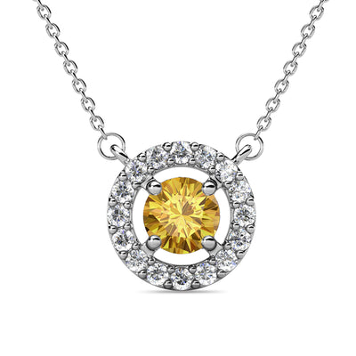Collar de citrino con piedra natal de noviembre real, collar de halo de plata chapado en oro blanco de 18 k con cristal de talla redonda