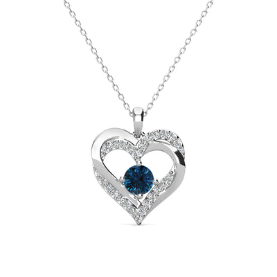 Collar de topacio azul con piedra natal de diciembre para siempre, collar de cristal de doble corazón de plata chapada en oro blanco de 18 k