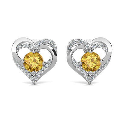 Pendientes de citrino con piedra natal de Forever November, pendientes de cristal de doble corazón de plata bañados en oro blanco de 18 k