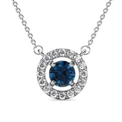 Collar de topacio azul con piedra natal de diciembre real, collar de halo de plata chapado en oro blanco de 18 k con cristal de talla redonda
