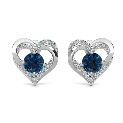 Pendientes de topacio azul con piedra natal de diciembre para siempre, pendientes de cristal de doble corazón de plata chapada en oro blanco de 18 k