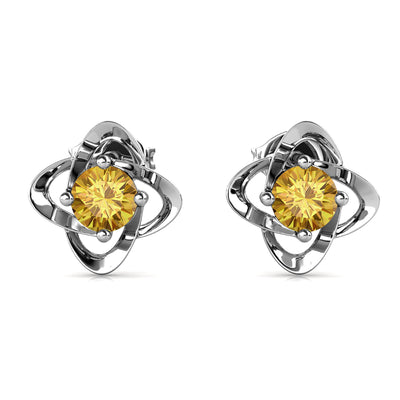 Aretes de citrino con piedra natal de noviembre Infinity, aretes de piedra natal de plata bañados en oro blanco de 18 k con cristales