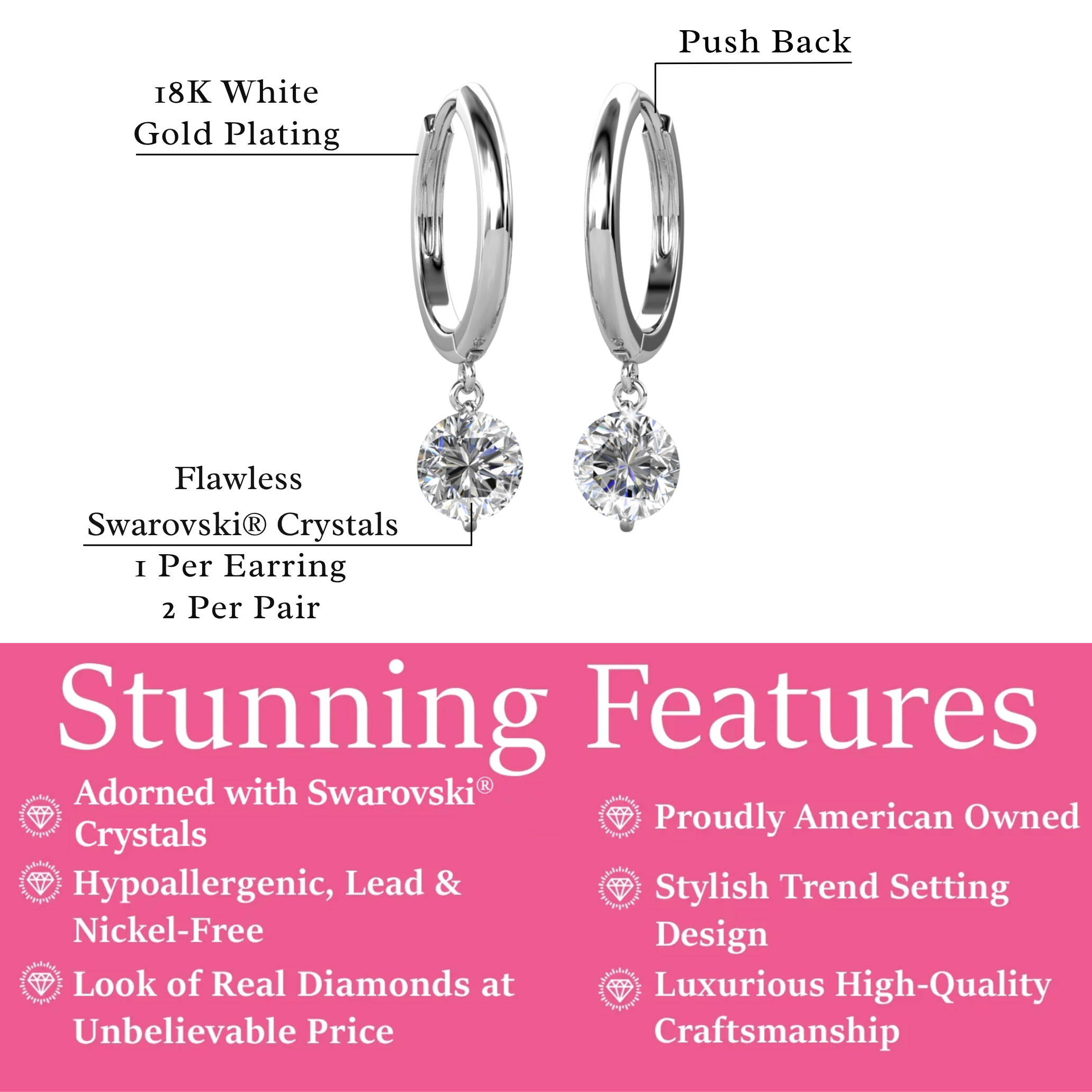 Georgia 18k White Gold Plated 14mm Hoop Dangle Earrings with Swarovski Crystals