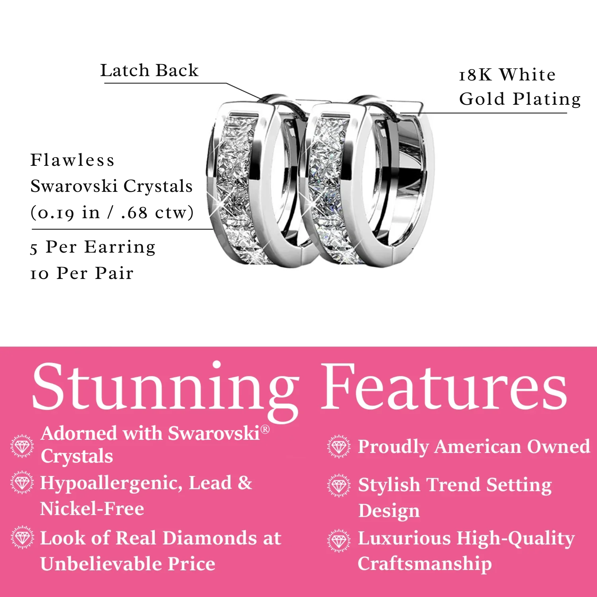 Giselle 18k White Gold Plated 15mm Hoop Crystal Earrings with Swarovski Crystals