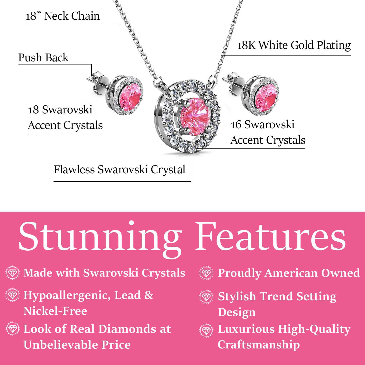 Royal 18k White Gold Plated Birthstone Halo Earrings and Necklace Set with Swarovski Crystals