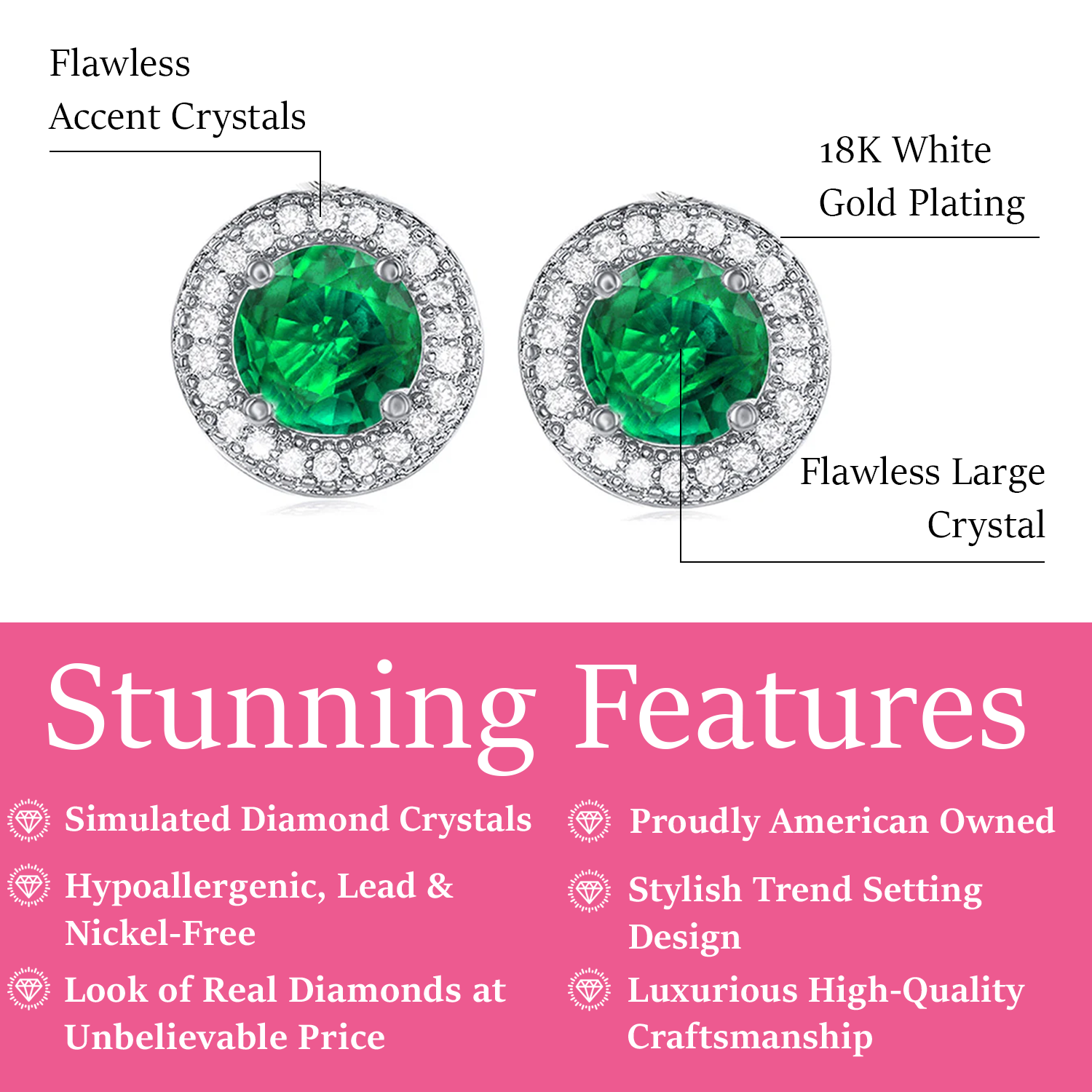 Gwendolyn 18k White Gold Plated Halo Stud Earrings with Round Cut Simulated Diamond Crystals