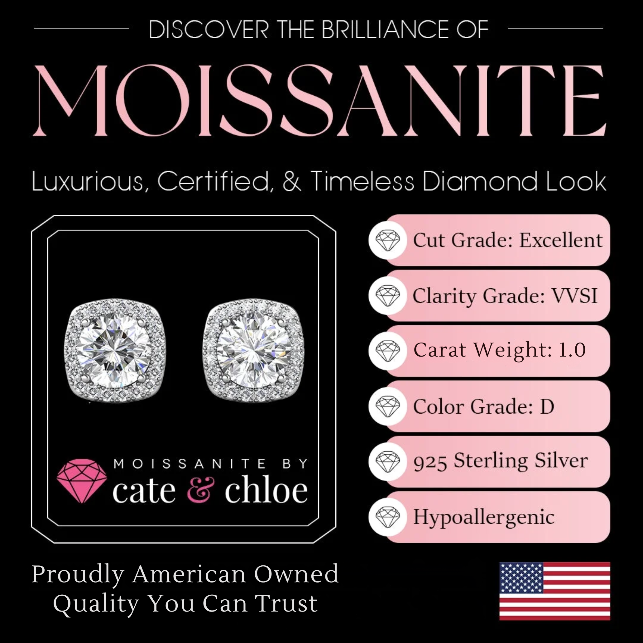 Moissanite by Cate & Chloe Hannah 18k Gold Plated 925 Sterling Silver Stud Earrings 1.16tcw