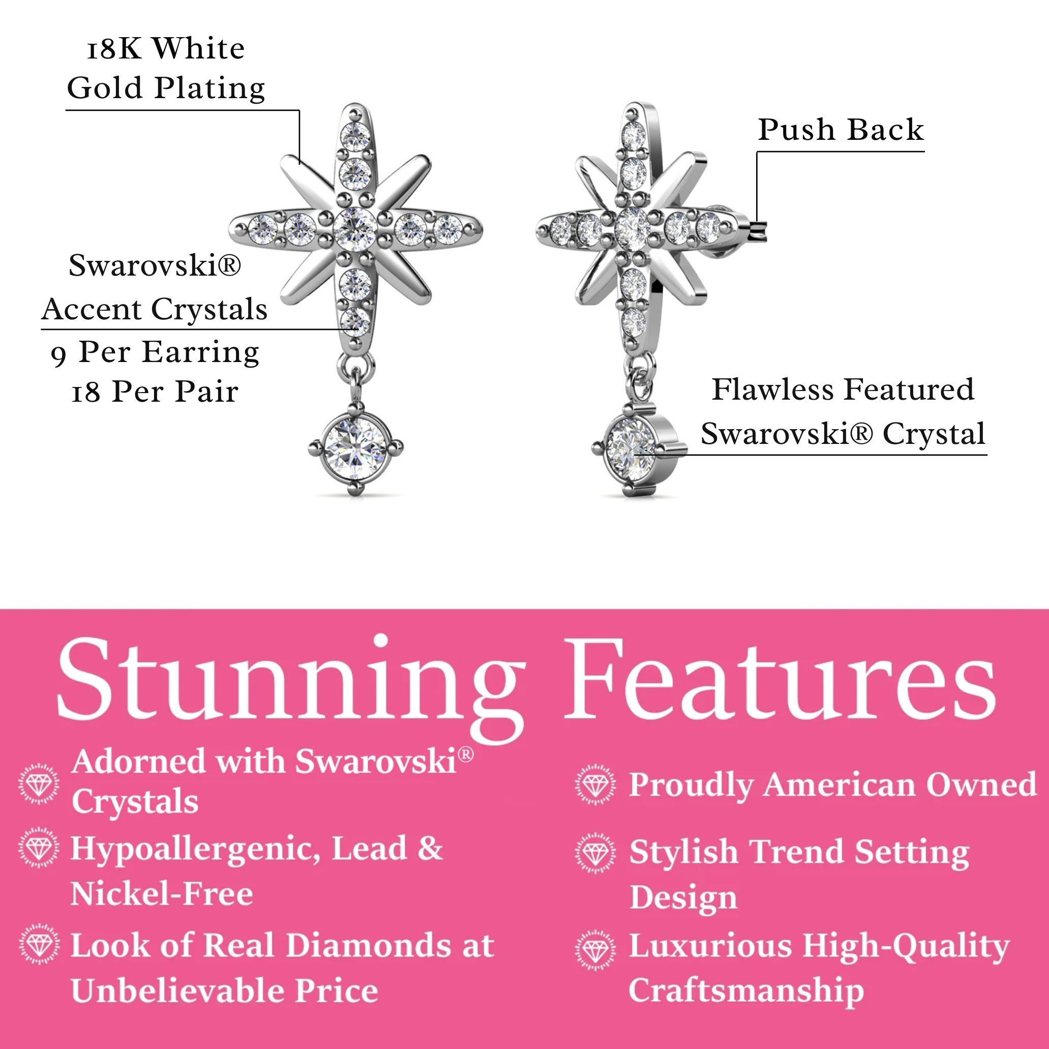 Harlow 18k White Gold Plated Silver Stud Drop Earrings with Swarovski Crystals