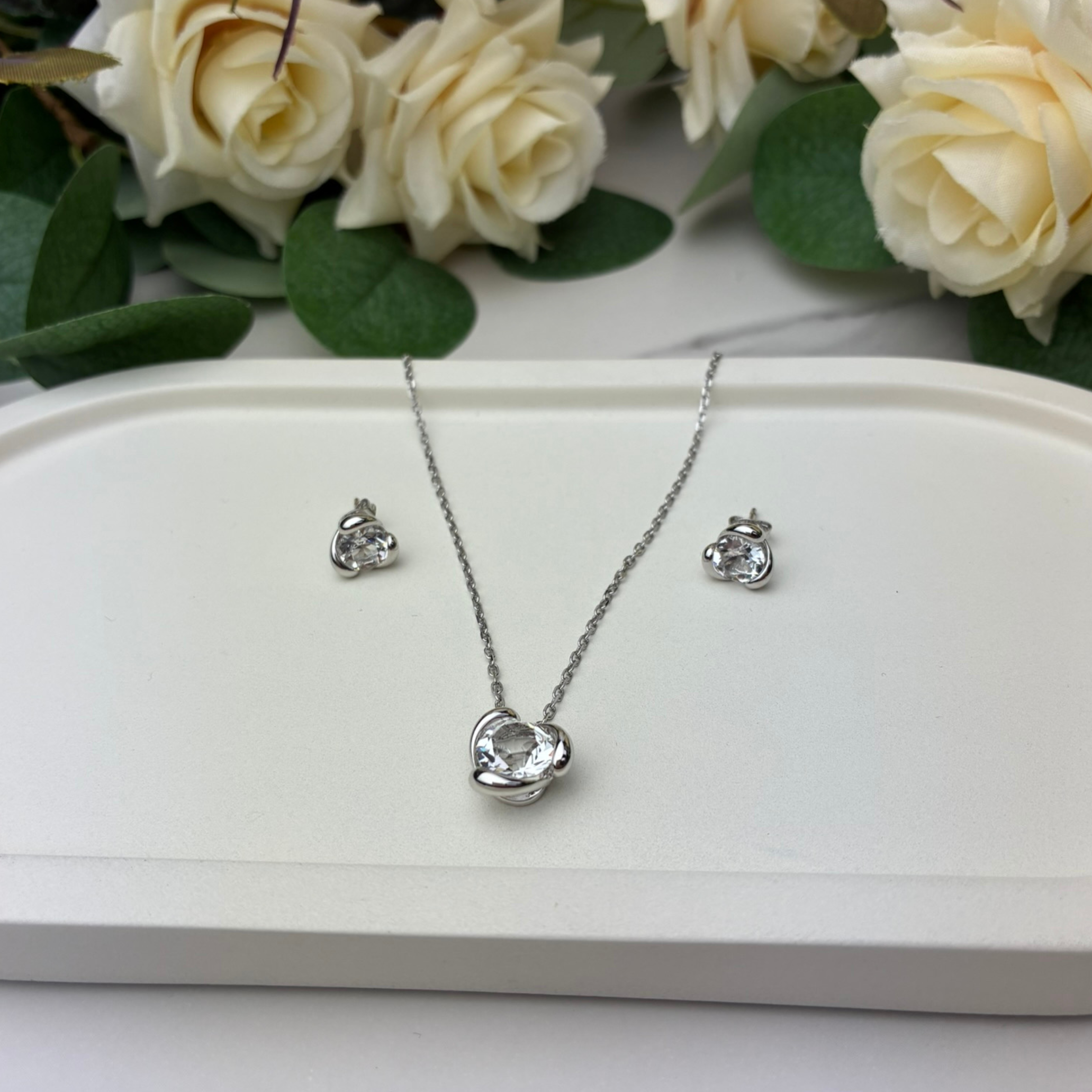 Harmony 18k White Gold Necklace and Stud Earrings Jewelry Set with Swarovski Crystals