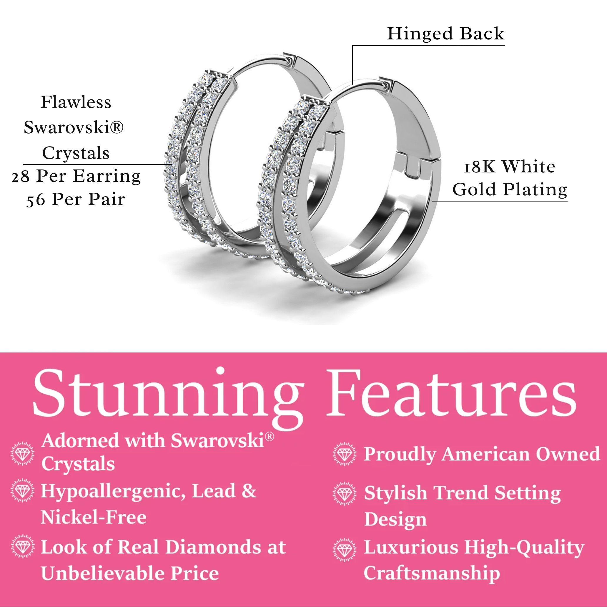 Helen 18k White Gold Plated 22mm Hoop Earrings with Swarovski Crystals