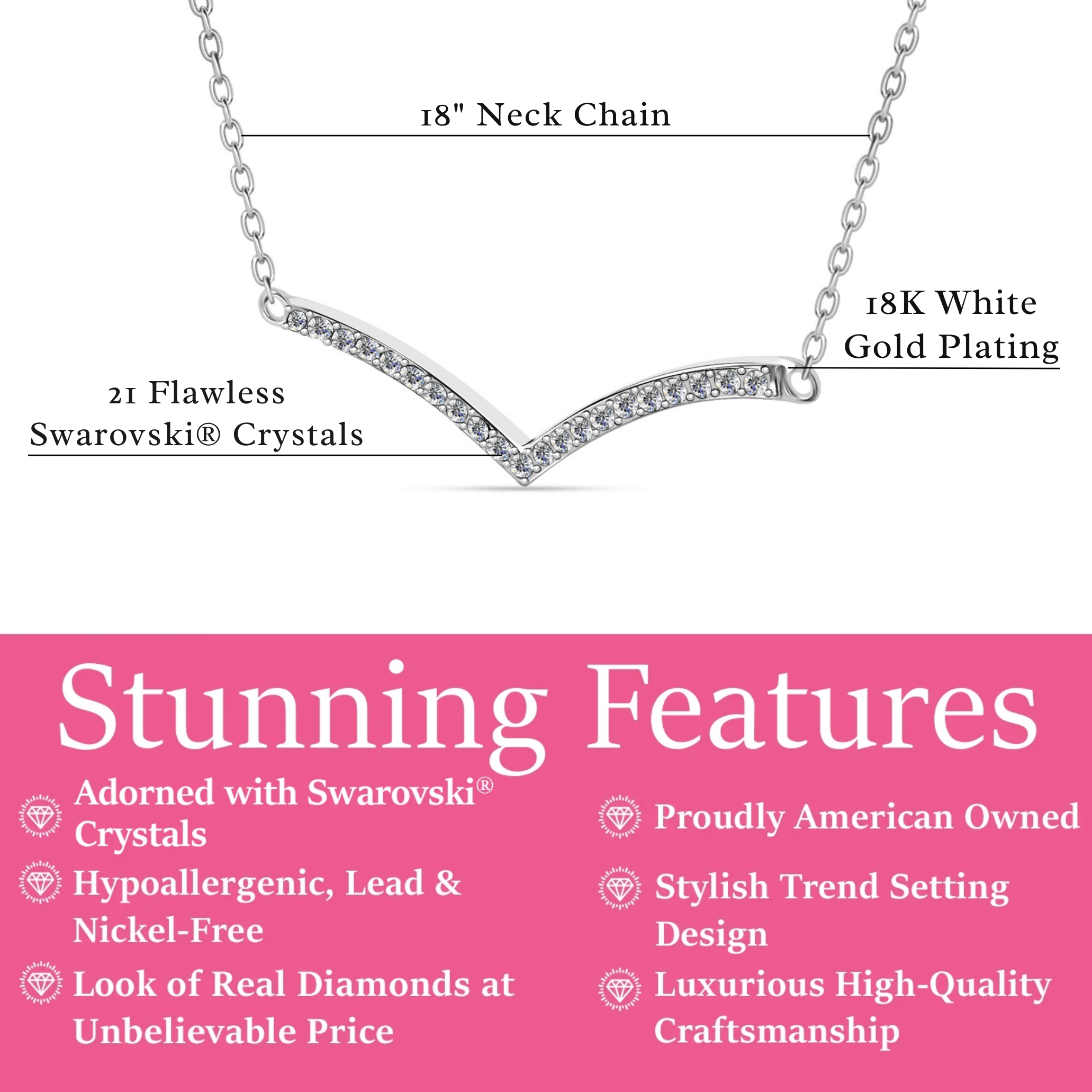 Hope 18k White Gold Plated V Pendant Linear Necklace with Swarovski Crystals