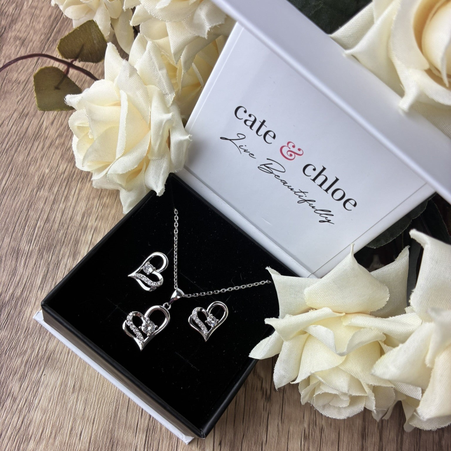 Kara 18k White Gold Plated Silver Heart Necklace and Earring Set with Swarovski Crystals