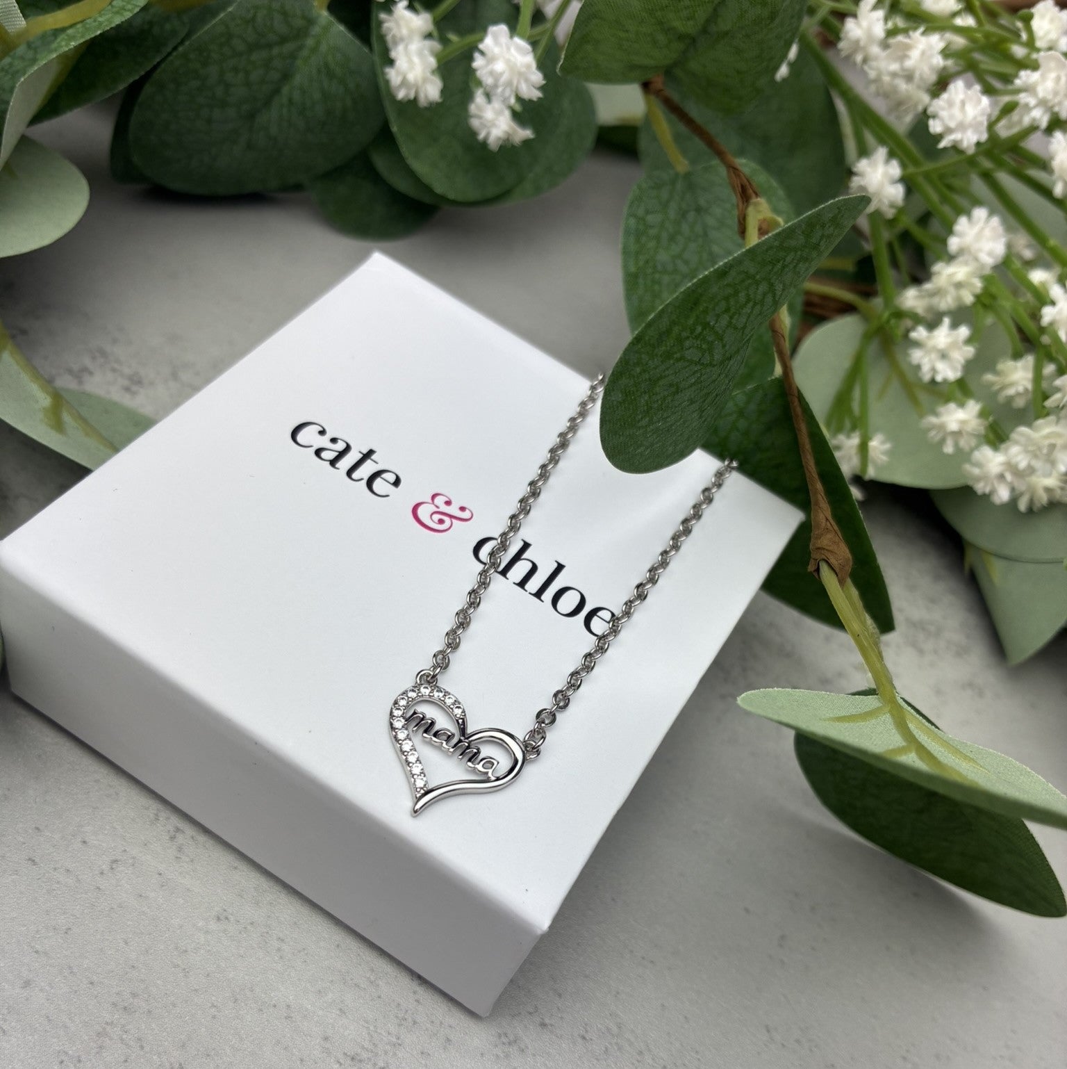 Louise 18k White Gold Plated Mama Heart Necklace with Simulated Diamond Crystals