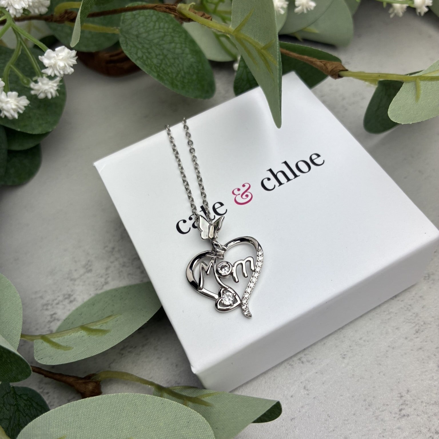 Mabel 18k White Gold Plated Mom Heart Pendant Necklace with Simulated Diamond Crystals