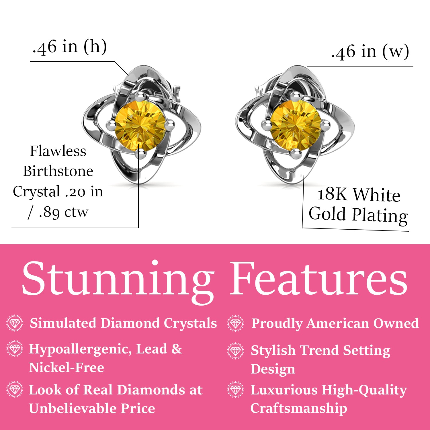 Infinity 十一月生日石黄水晶耳环，18k 白金镀银生日石耳环带水晶