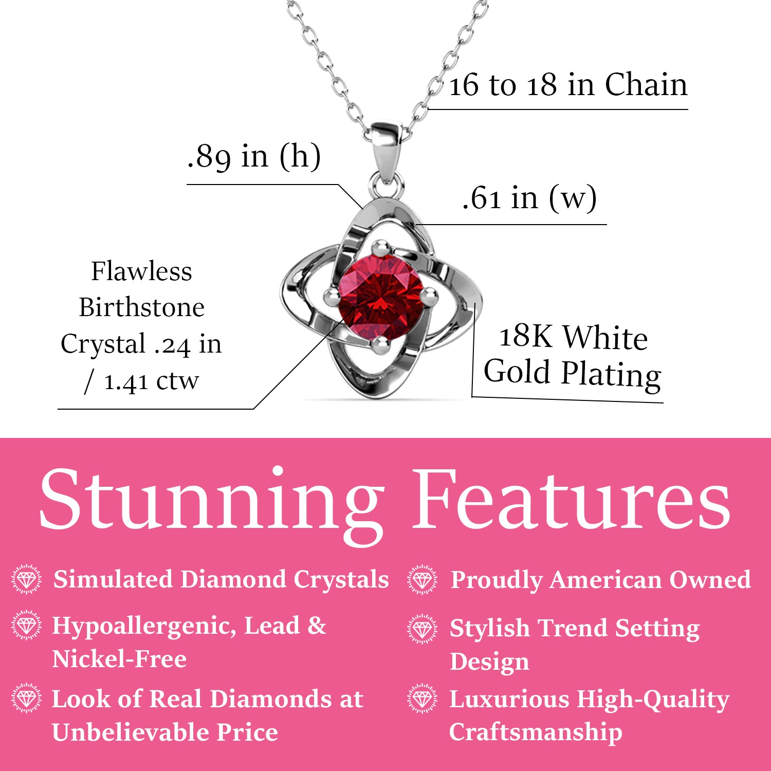 Infinity January Birthstone Garnet Necklace, 18k White Gold Plated Silver Birthstone Crystal Necklace