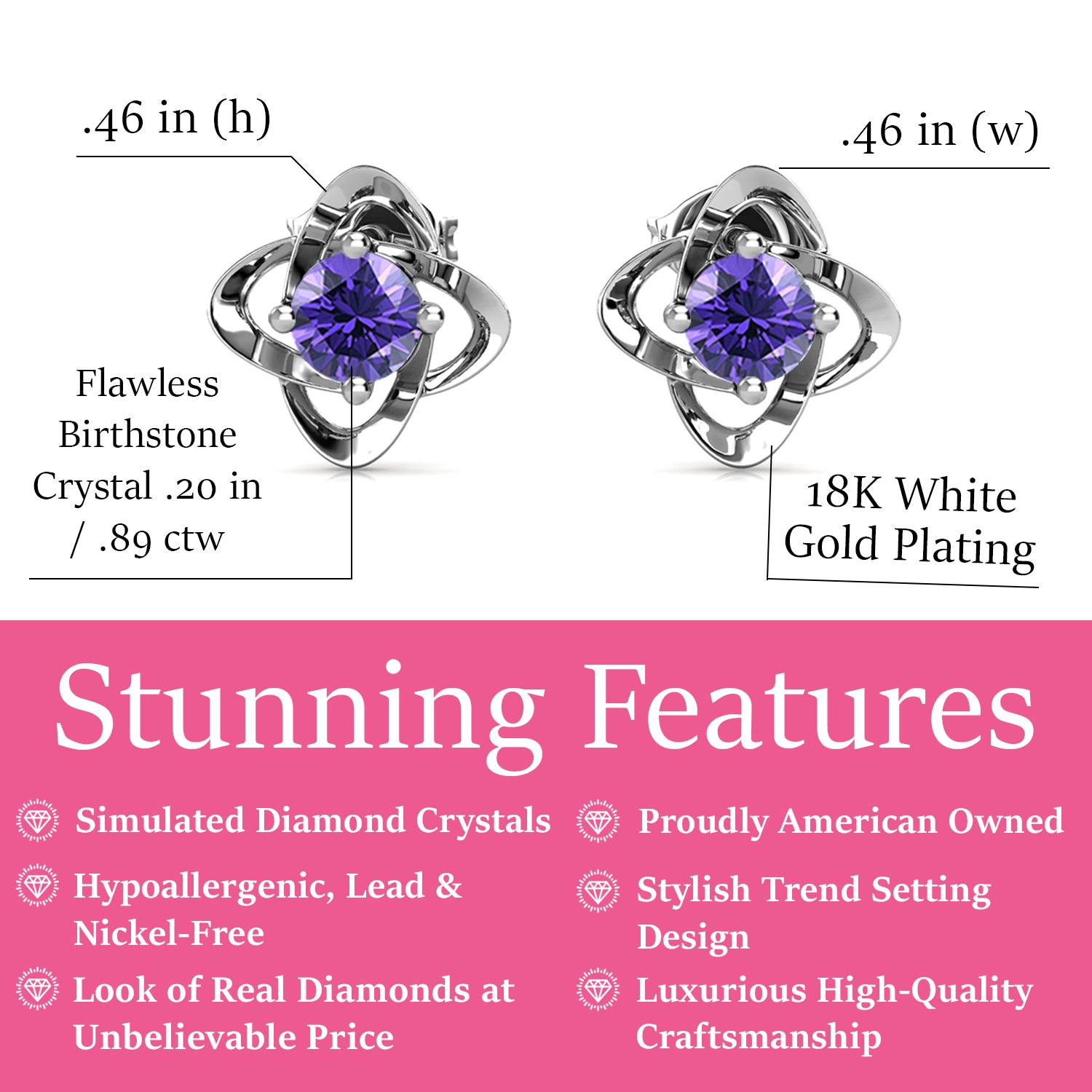 Infinity 二月生日石紫水晶耳环，18k 白金镀银生日石耳环带水晶