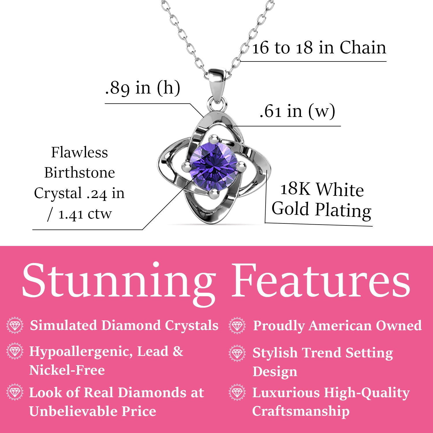 无限二月生日石紫水晶项链，18k 镀白金银生日石水晶项链