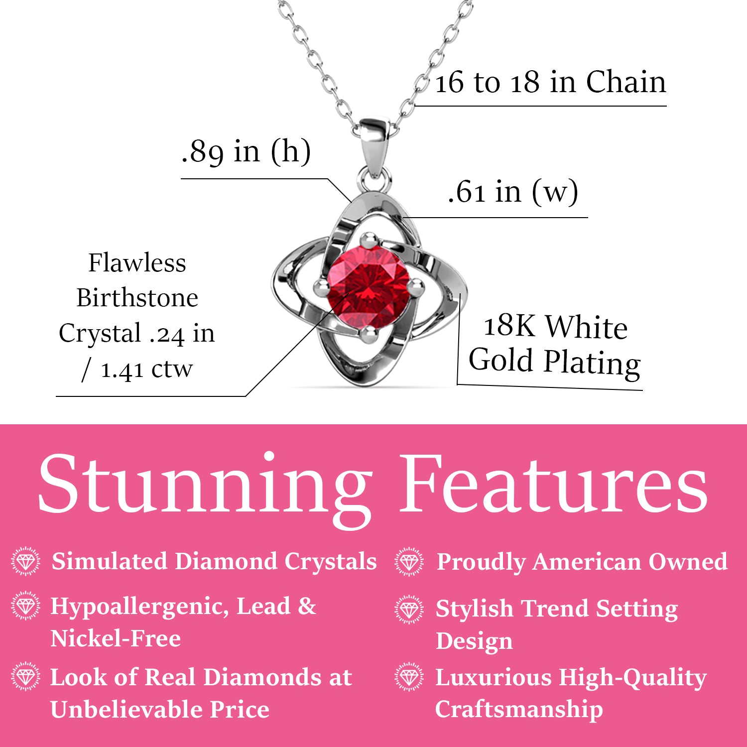 Infinity July Birthstone Ruby Necklace, 18k White Gold Plated Silver Birthstone Crystal Necklace