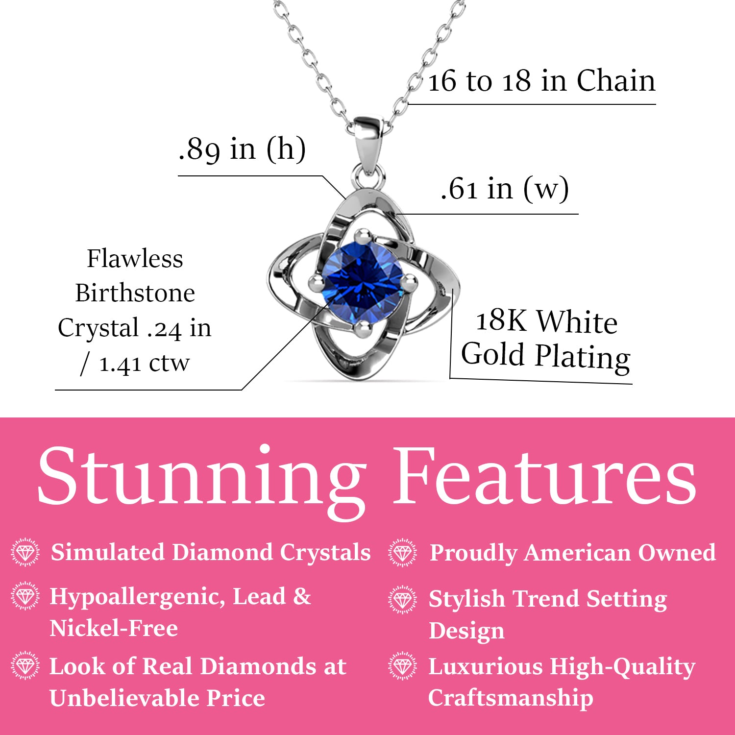 无限九月生日石蓝宝石项链，镀 18k 白金银生日石水晶项链