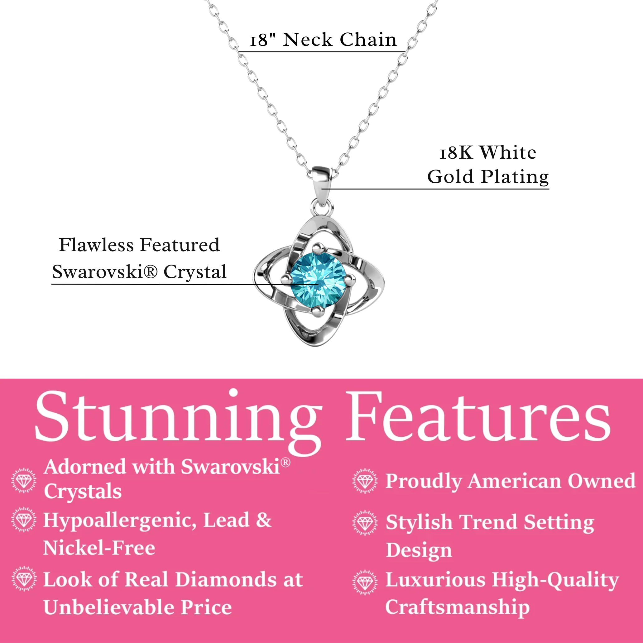 Infinity 18k 白金镀生日石花朵项链，仿钻石晶体