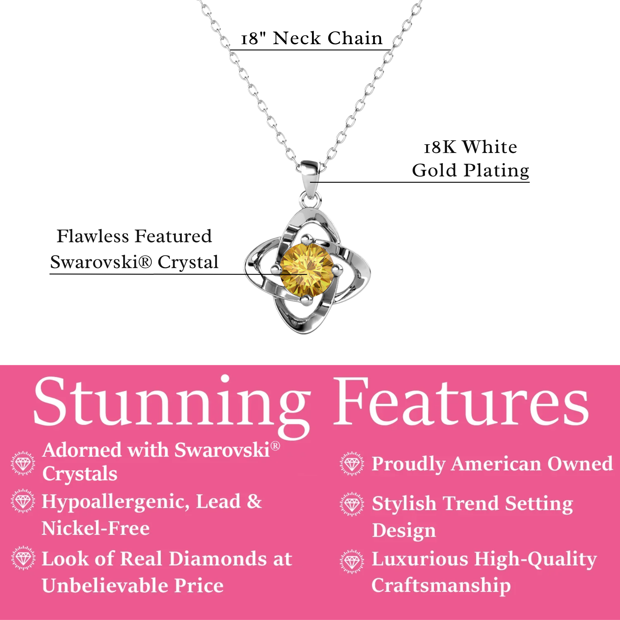 Infinity 18k 白金镀生日石花朵项链，仿钻石晶体