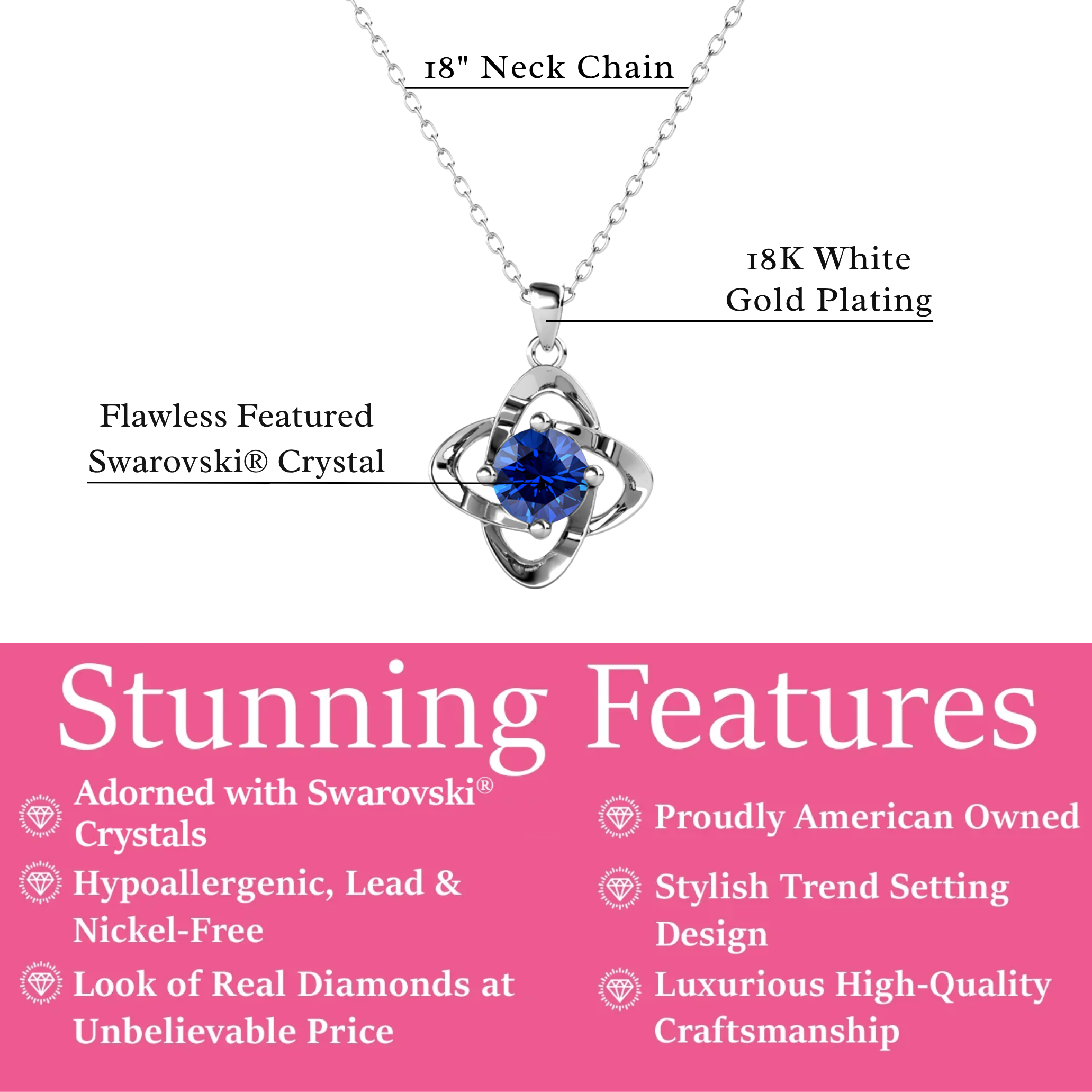 Infinity 18k 白金镀生日石花朵项链，仿钻石晶体