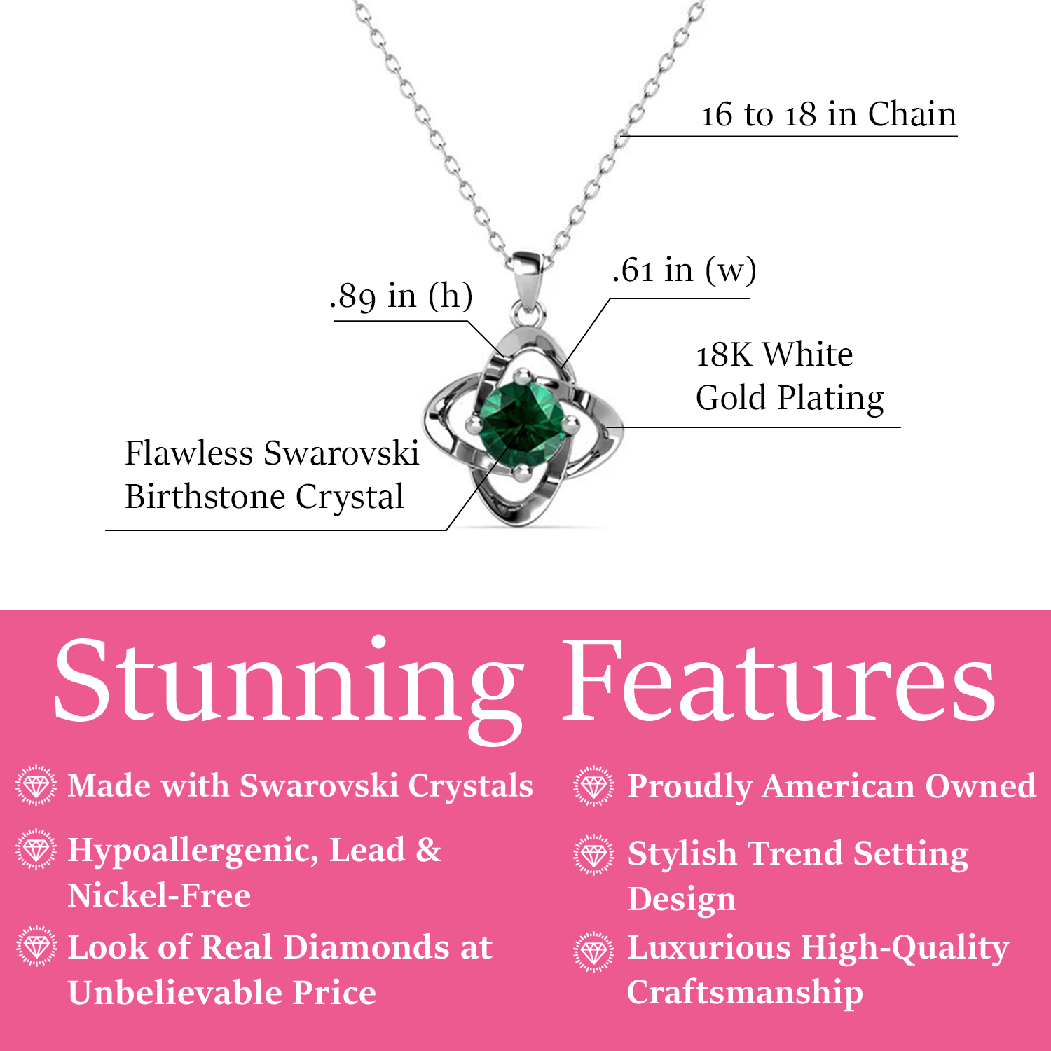 Infinity May Birthstone Emerald Necklace 18k White Gold Plated Silver