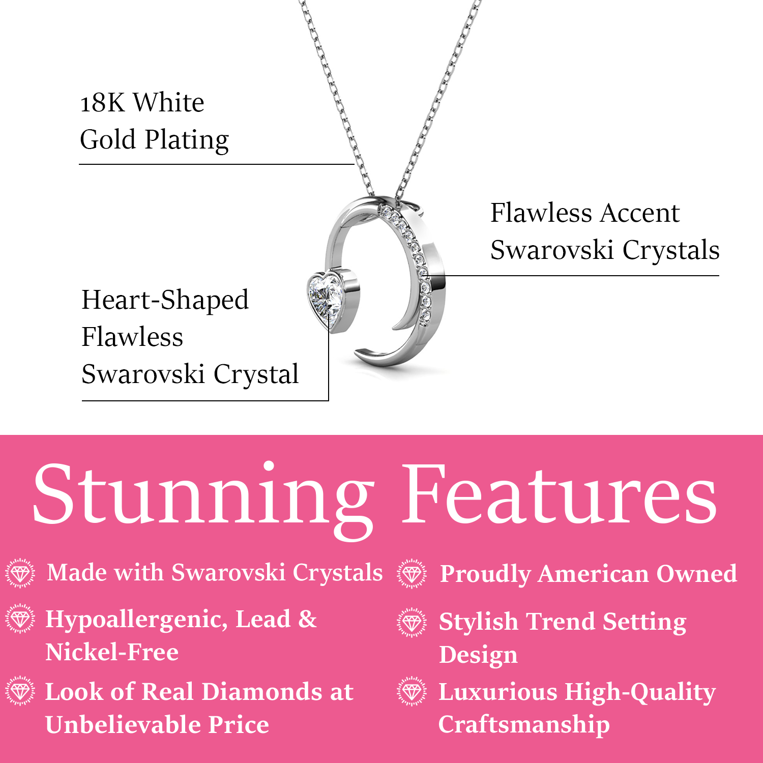 Aelin 18k White Gold Plated Silver Necklace, Crescent Heart Pendant with Swarovski Crystals