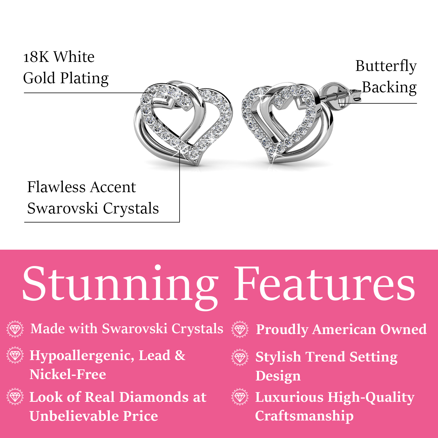 Angela 18k White Gold Plated Silver Double Heart Stud Earrings with Swarovski Crystals