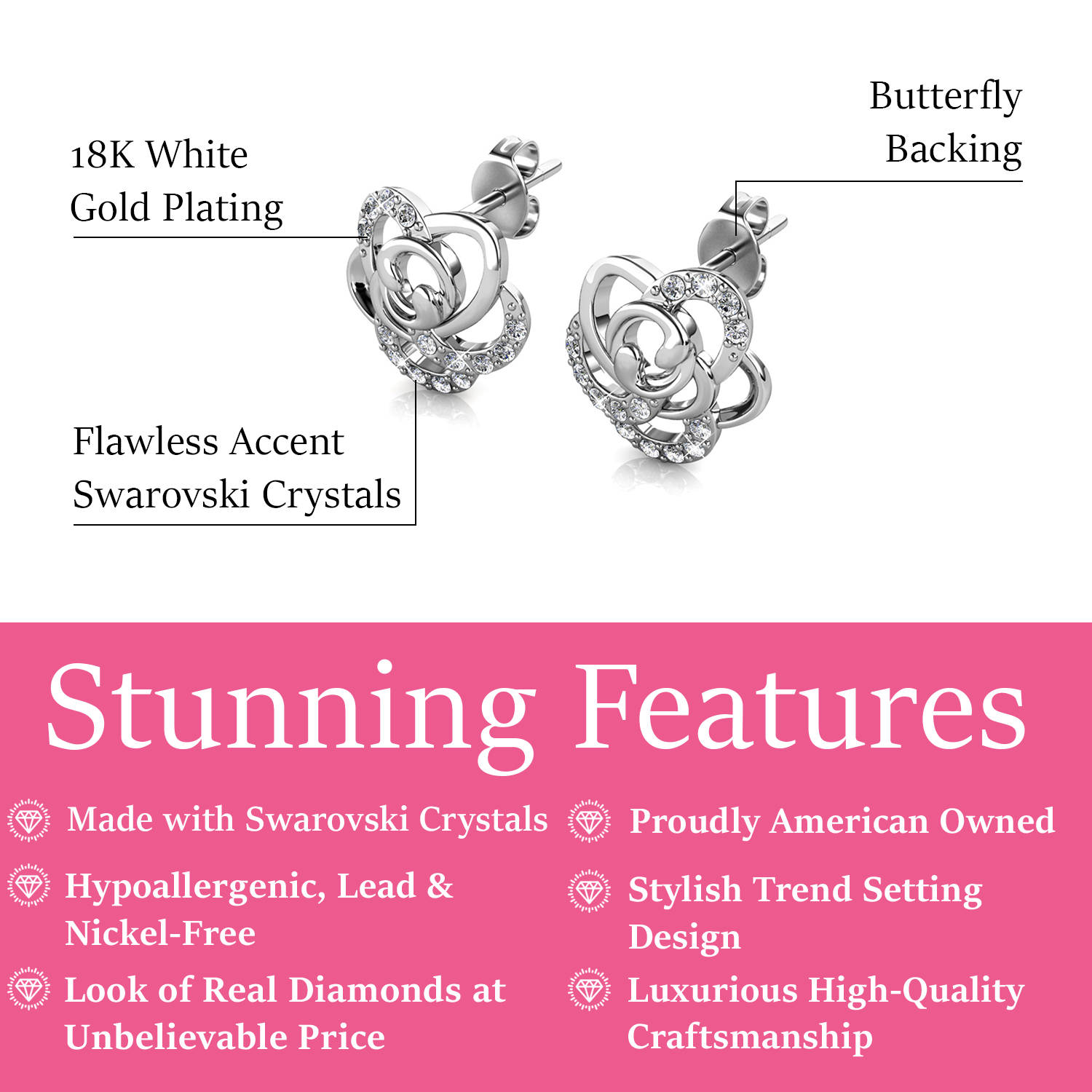 Briella 18k White Gold Plated Silver Flower Stud Earrings with Swarovski Crystals