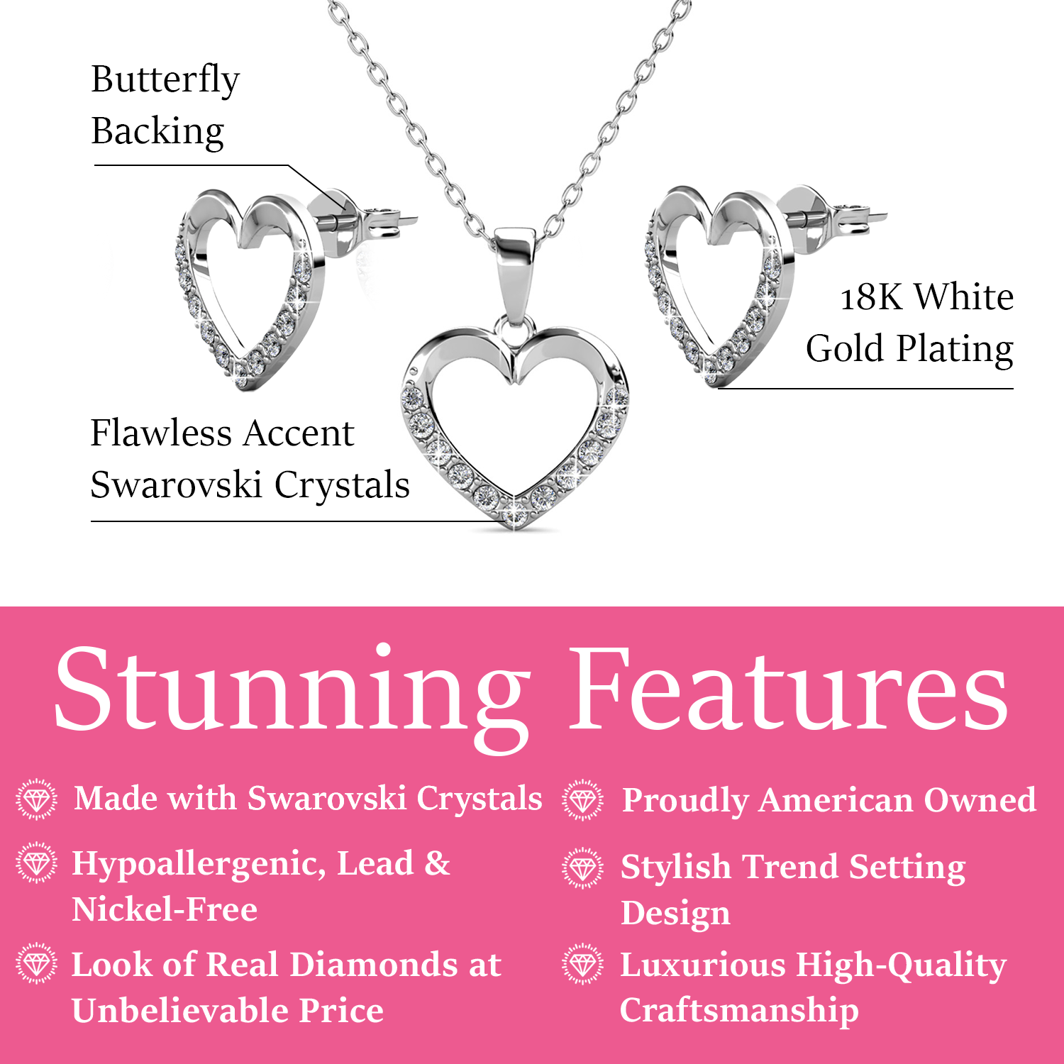 Chelsea 18k White Gold Plated Silver Heart Necklace and Earring Set with Swarovski Crystals