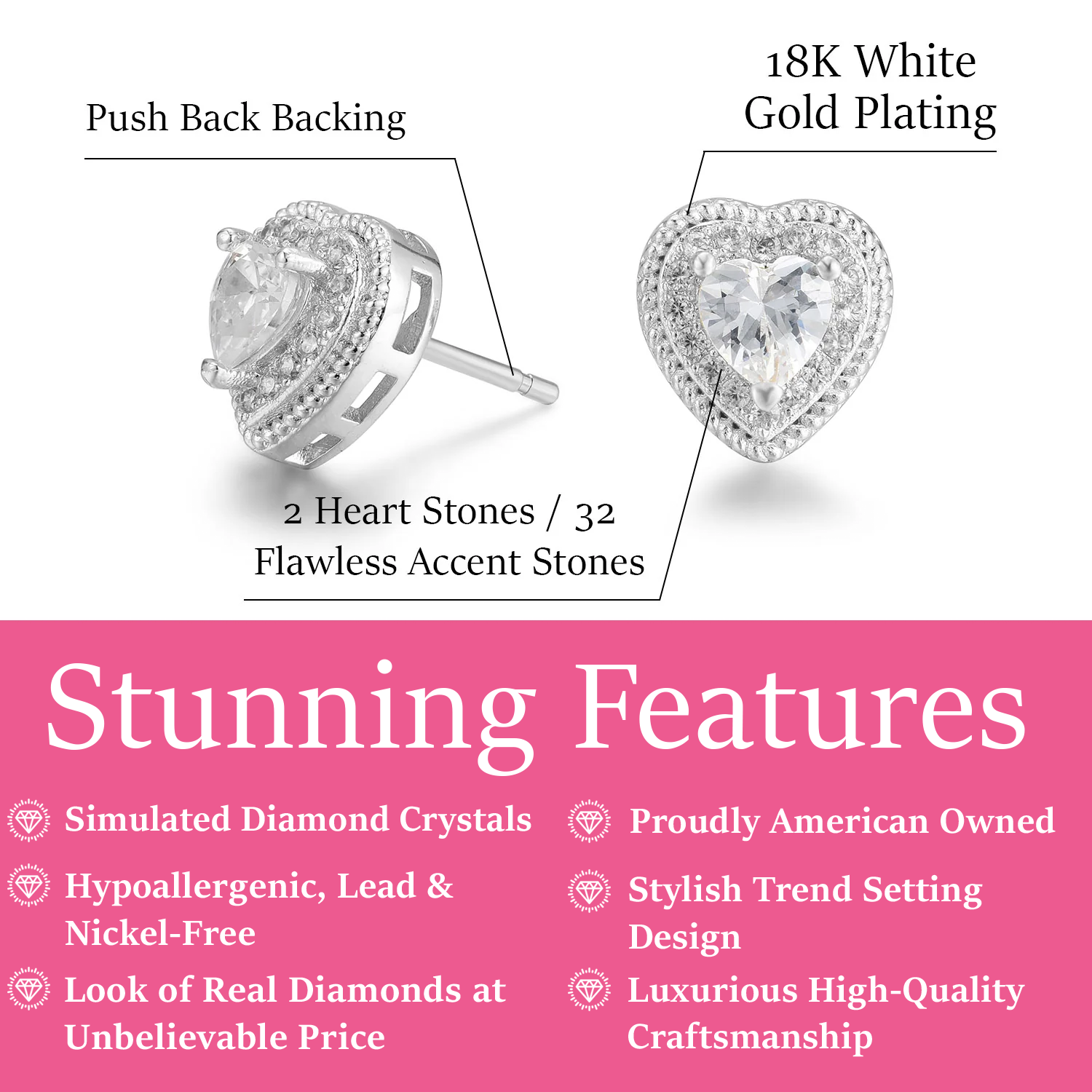 Coraline 18k White Gold Plated Silver Heart Stud Earrings with Simulated Diamond Crystals