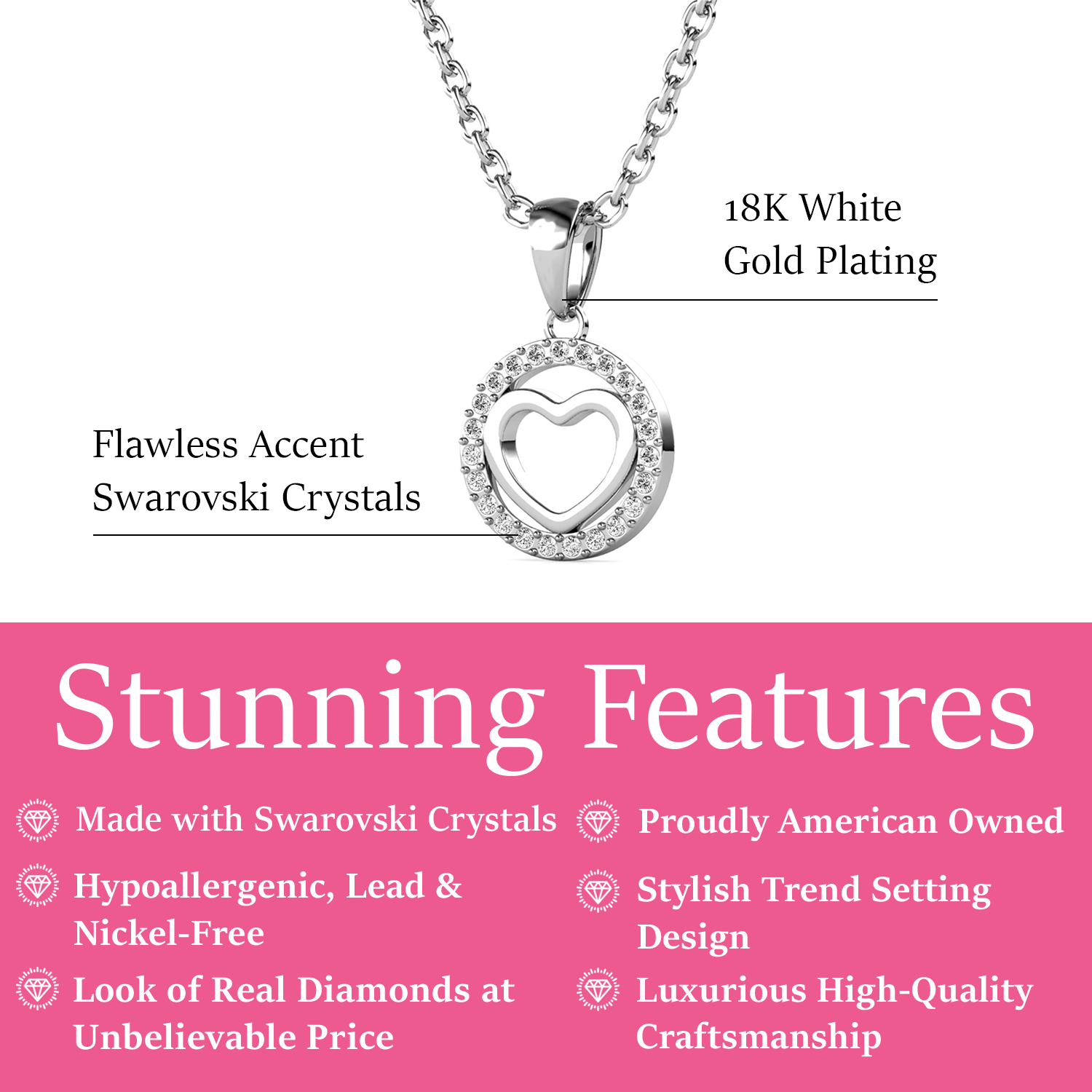 Khaleesi 18k White Gold Plated Silver Heart Necklace with Swarovski Crystals